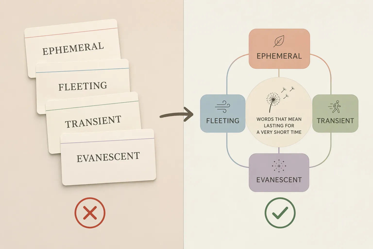 Isolated flashcards contrasted with a semantic cluster of exam vocabulary words