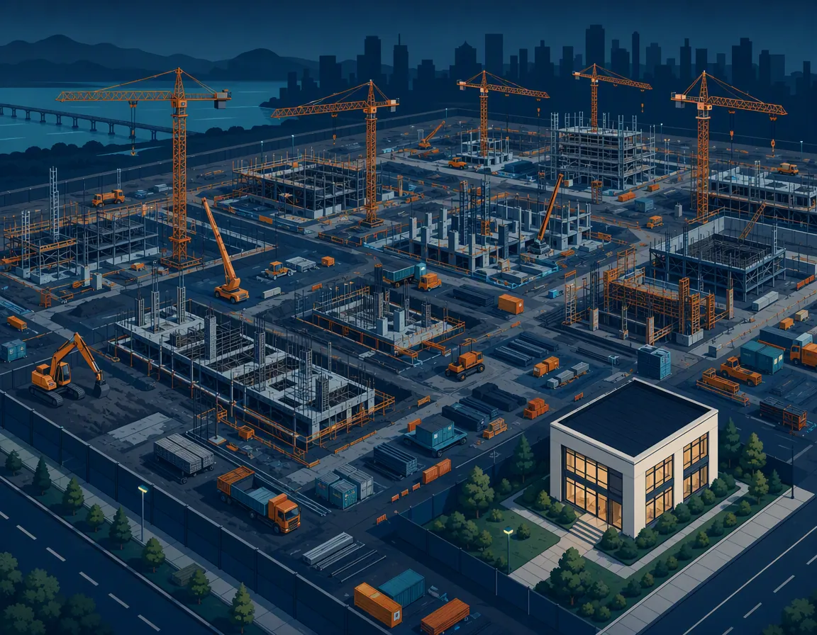 A large construction site with extensive foundations and scaffolding but only one small completed building