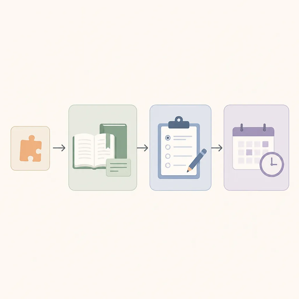A small puzzle block followed by larger study, practice question, and review blocks in a flow diagram