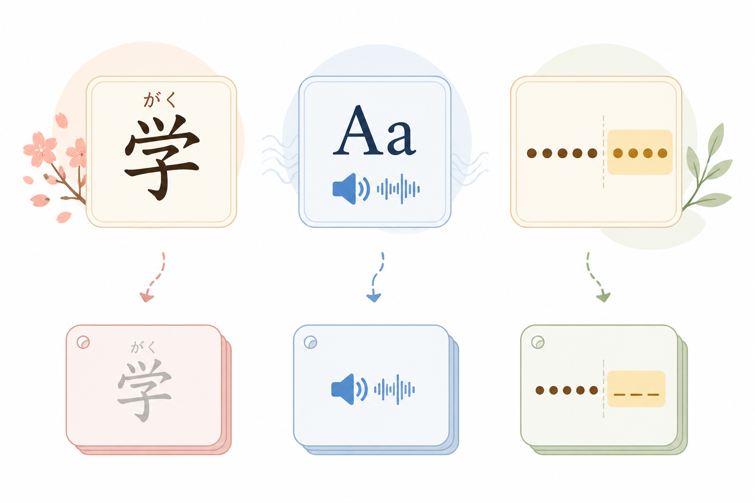 Three language families shown with kanji annotation, pronunciation audio, and highlighted suffix flashcards