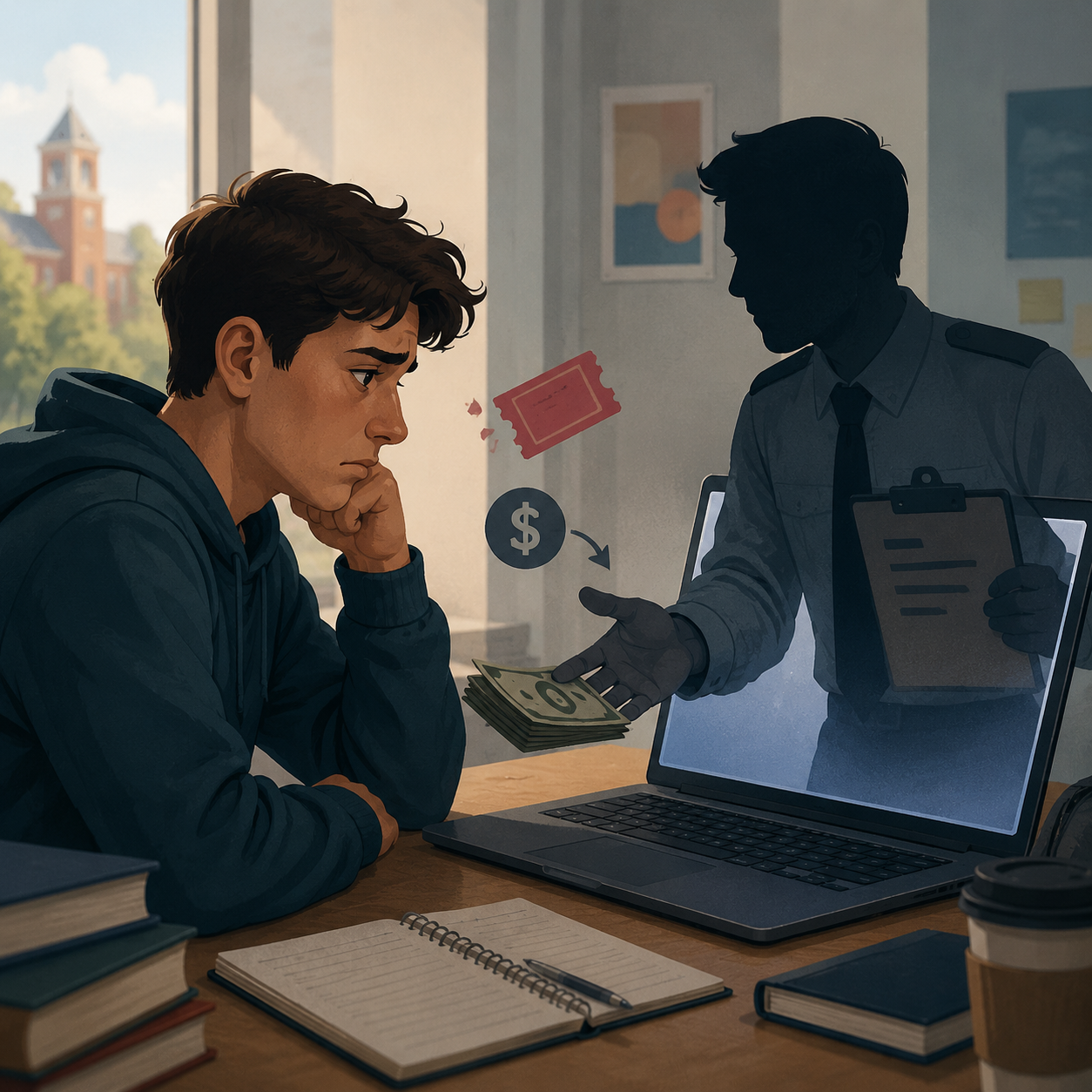 Stressed college student at a laptop while a fake refund agent asks for more money