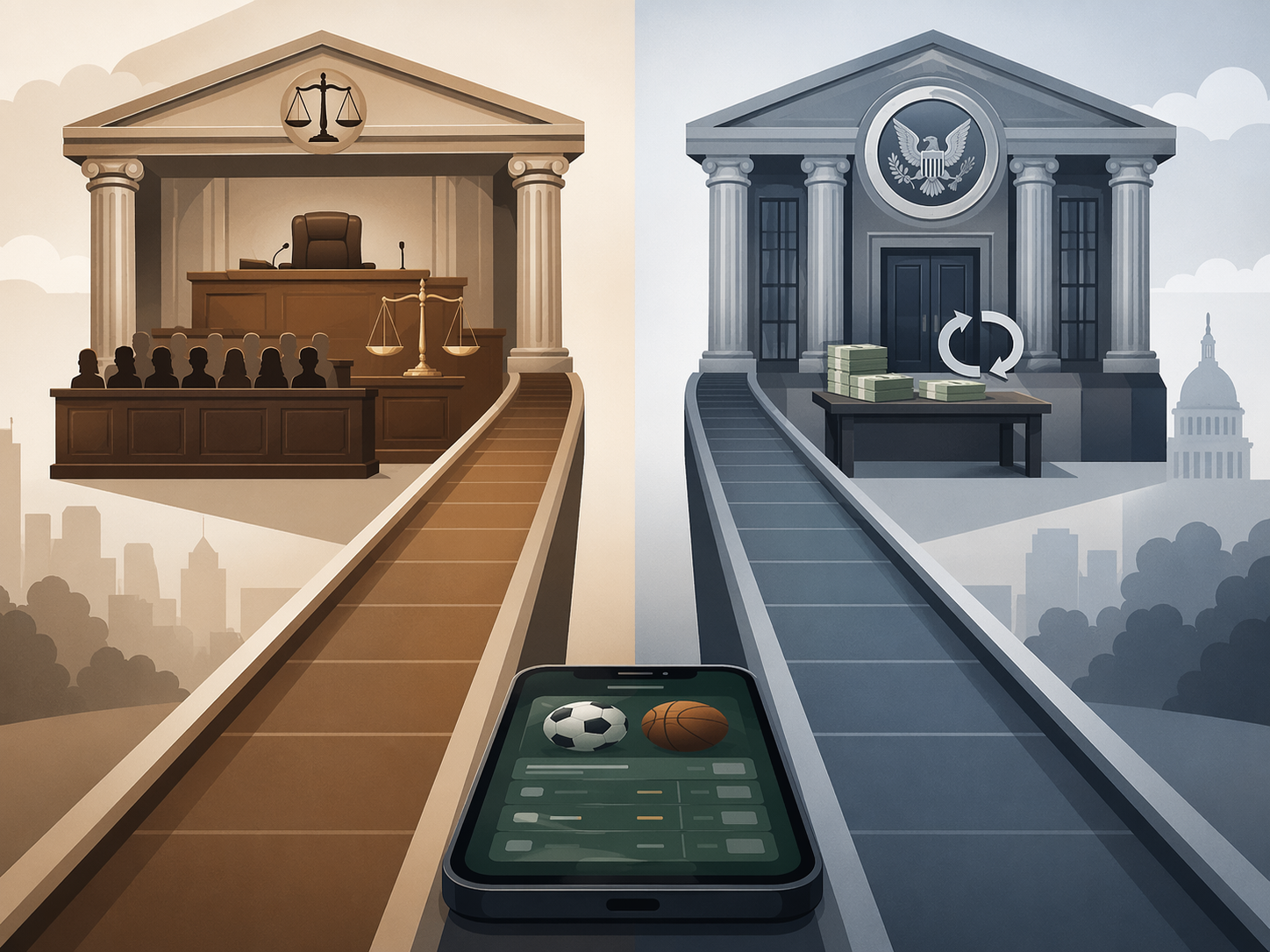 A sports betting app leading to separate courtroom and regulatory enforcement pathways