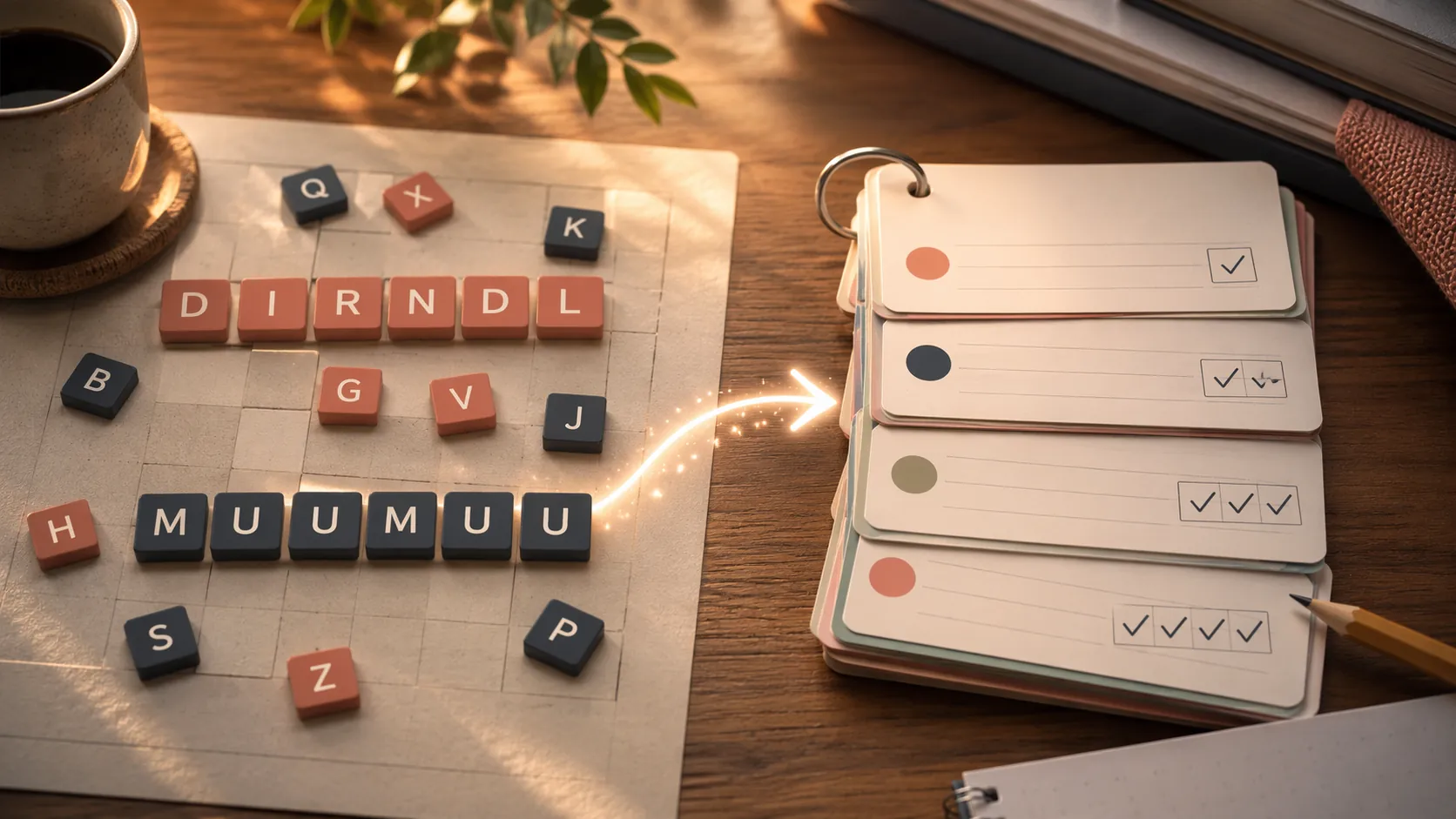 Word-game grid connected to vocabulary flashcards on a wooden desk