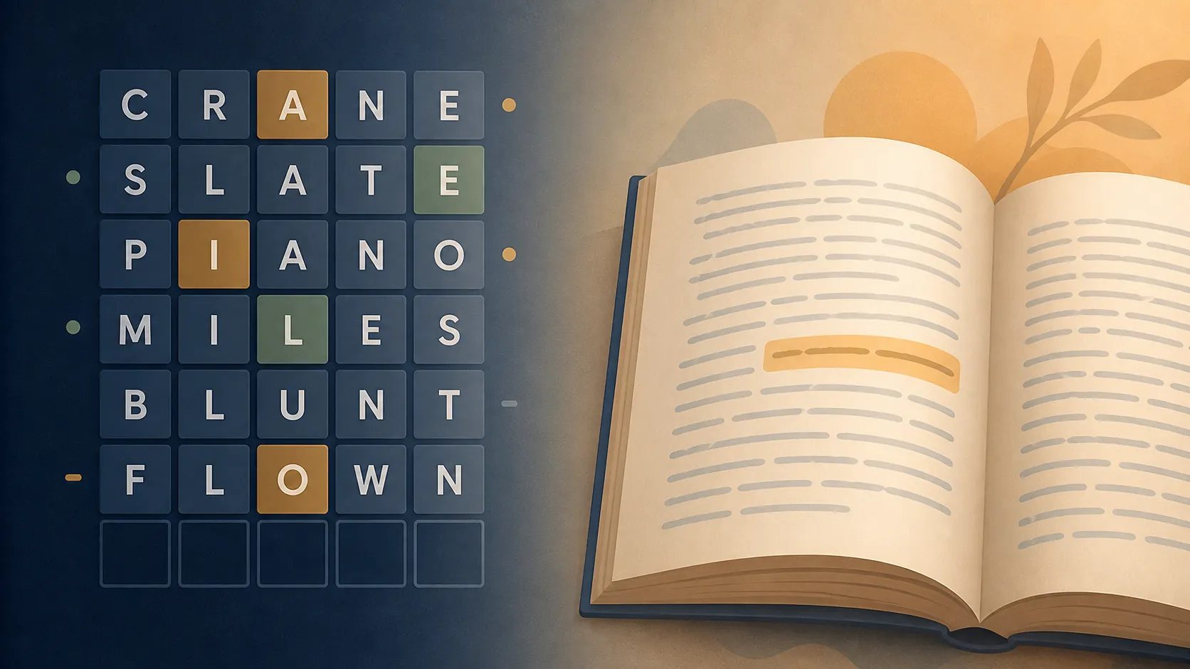 Split illustration comparing five-letter tile patterns with a highlighted word in sentence context