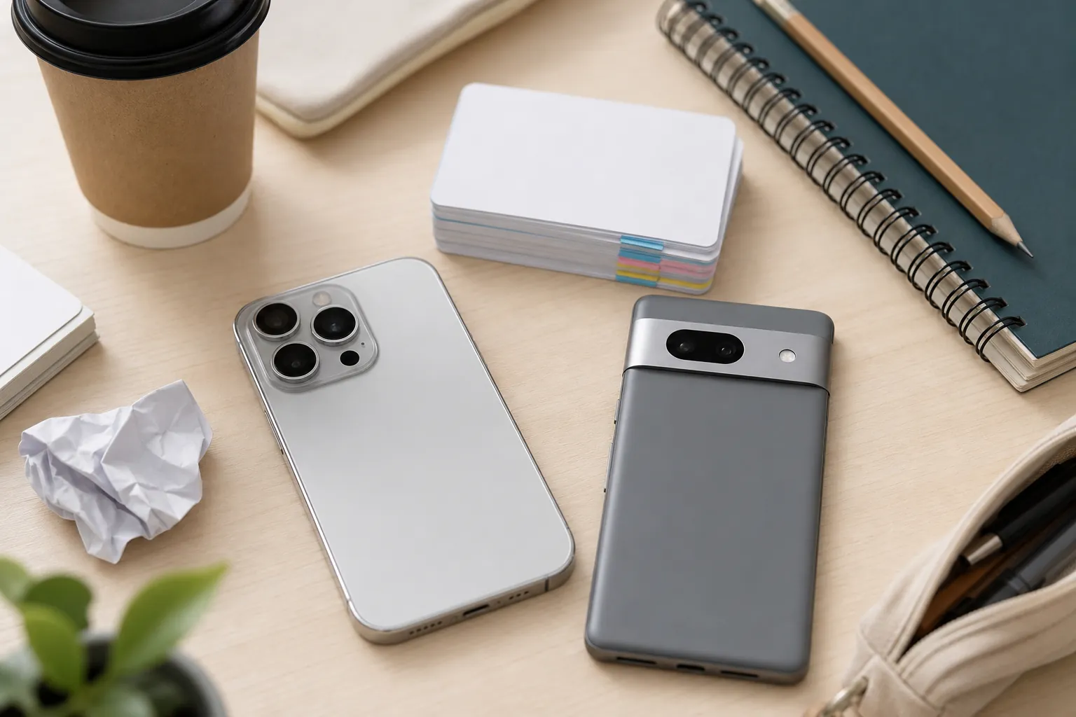 Two premium smartphones on a student desk with flashcards, notebook, pencil, coffee cup, and a receipt