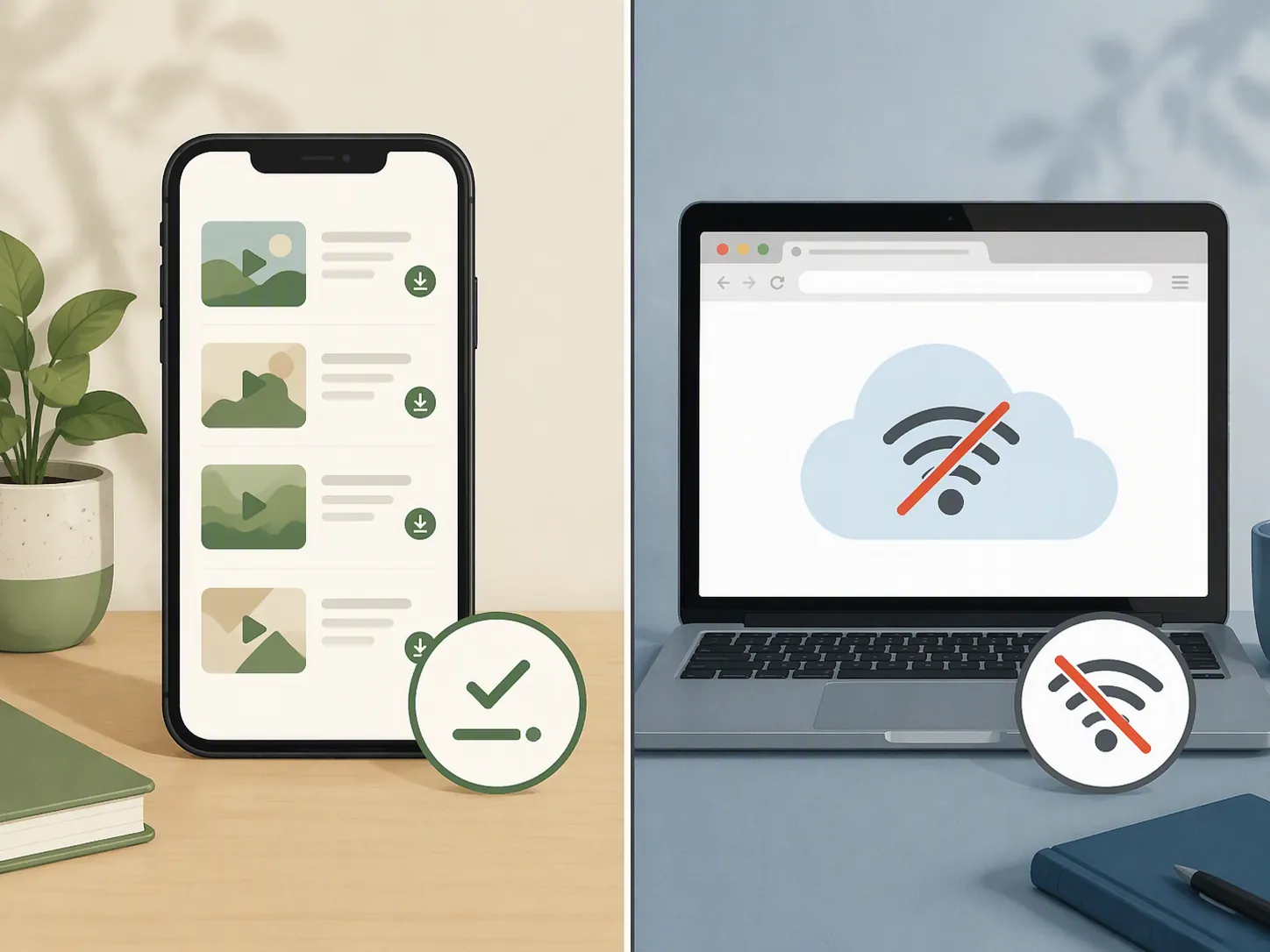Split scene showing downloaded lessons working on a phone while a browser route requires an internet connection