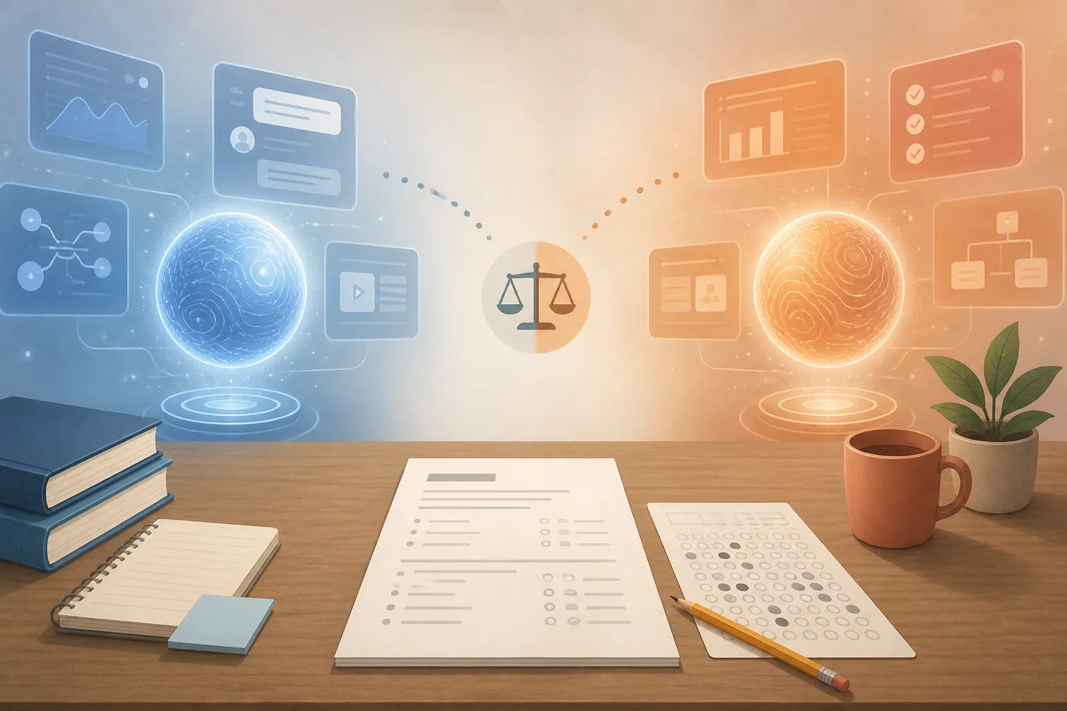 Split illustration of two AI study assistants facing each other across an exam paper and answer sheet