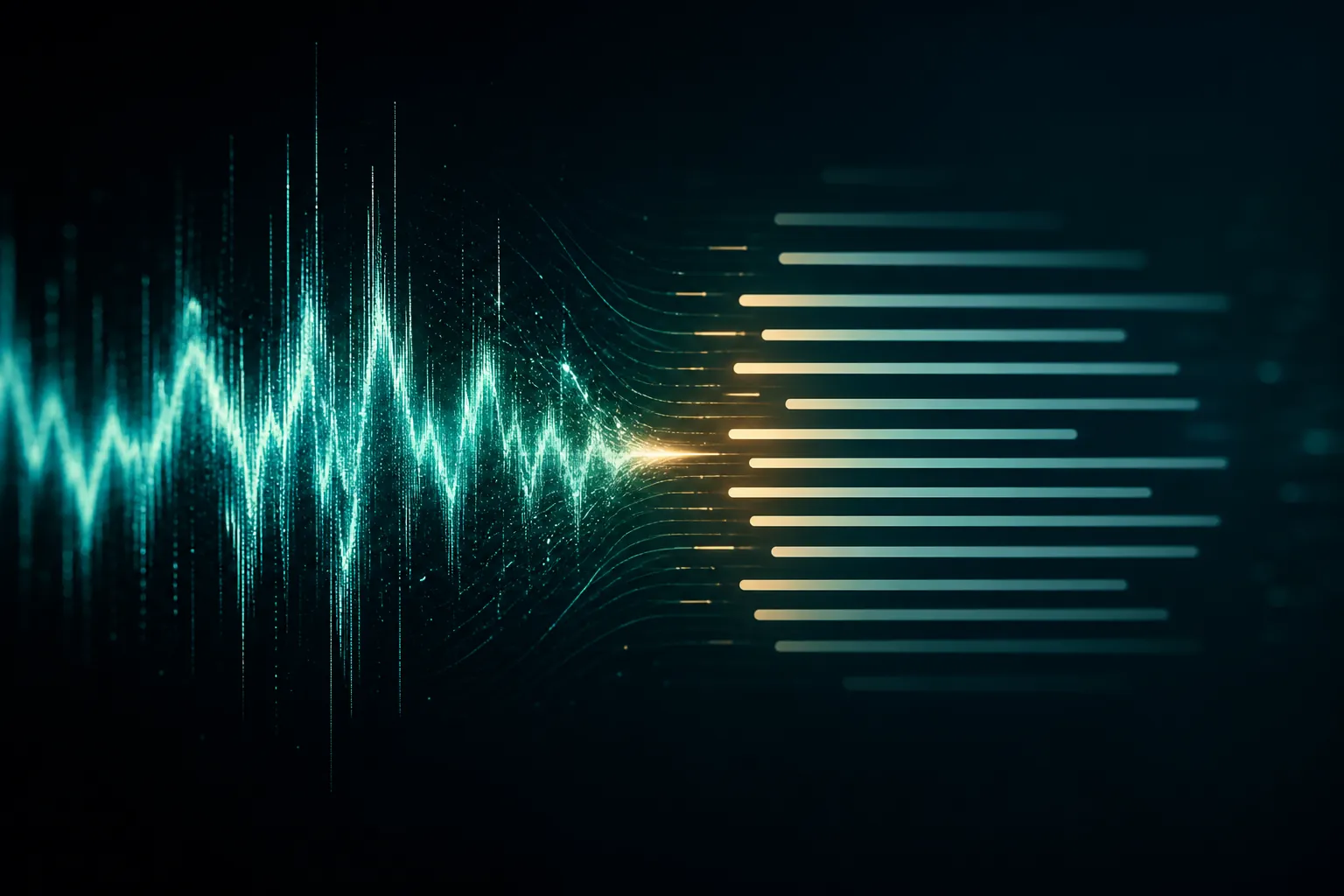 Messy voice waveform turning into clean transcript lines