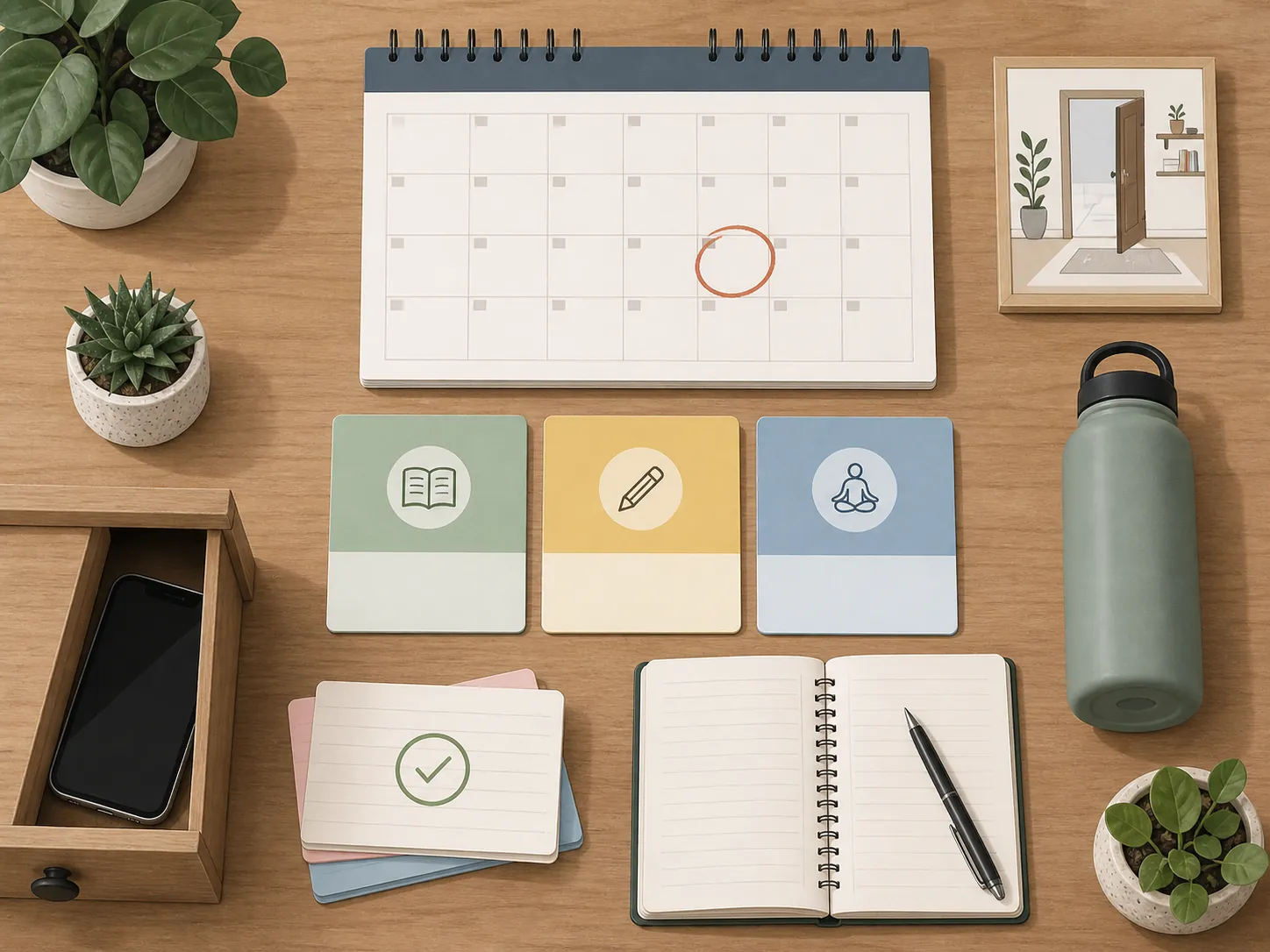 A top-down illustration of a study system built around a circled exam date, routine time blocks, a phone in a drawer, index cards, a notebook, and environment cues
