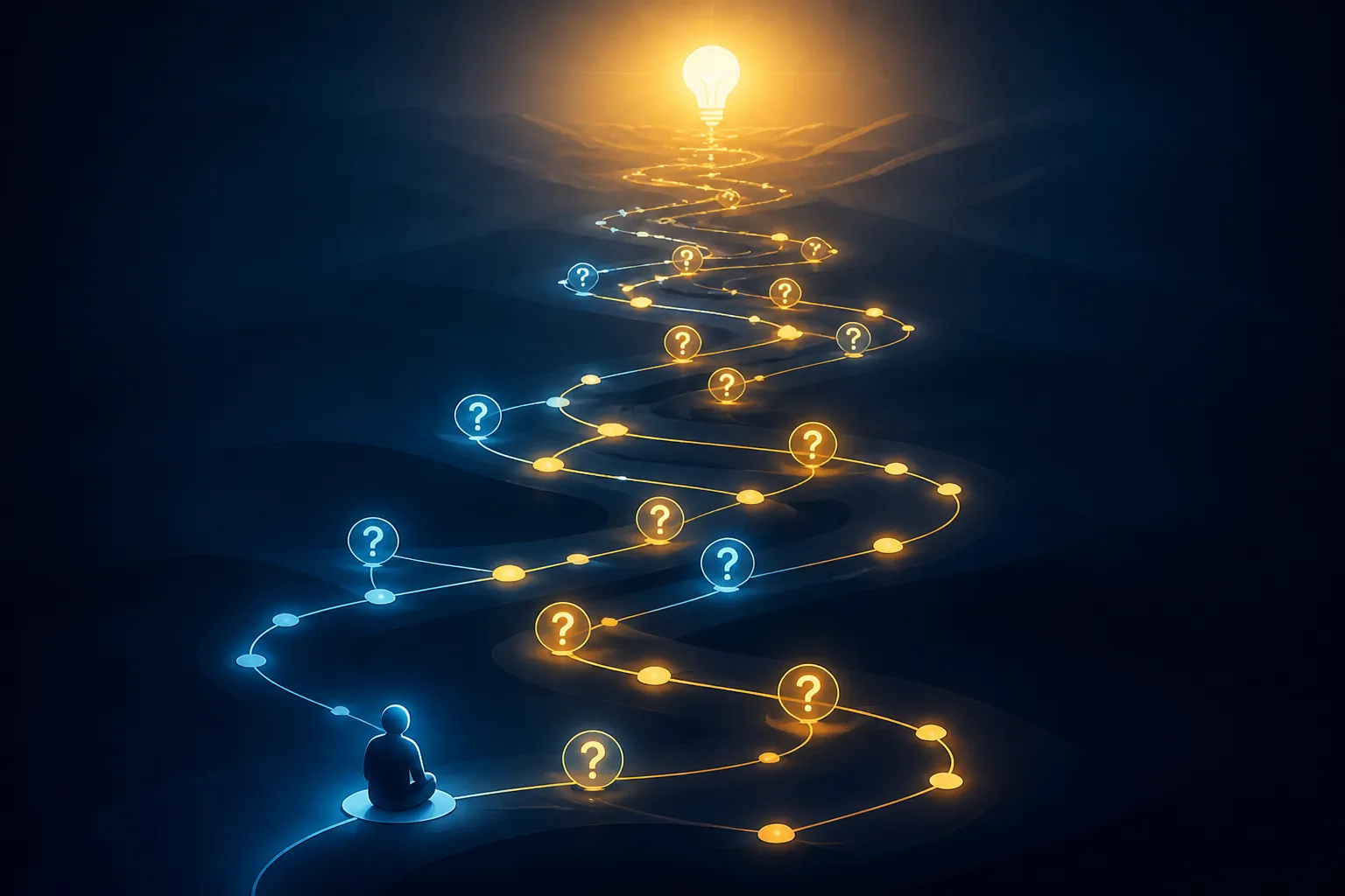A long chain of glowing nodes and question marks leading toward a lightbulb, representing a slow Socratic AI tutoring dialogue