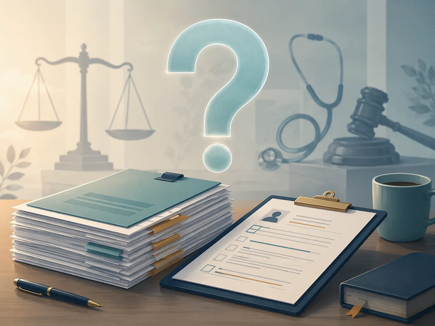 Application documents and a clipboard under a translucent question mark, with healthcare and legal symbols in the background.