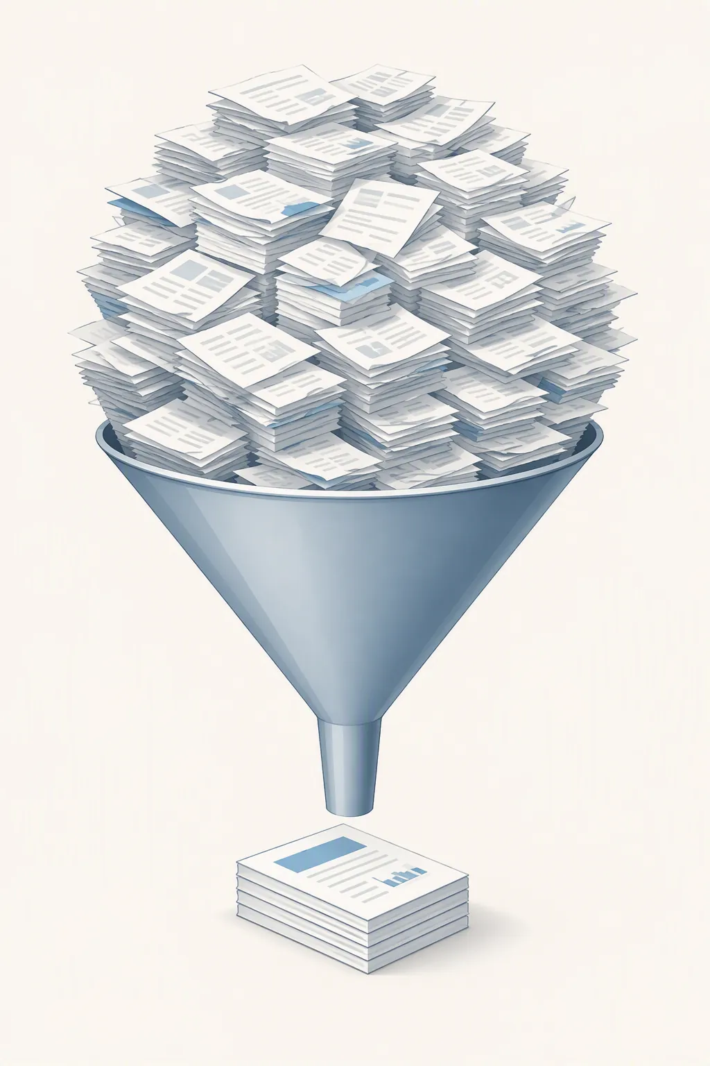 Evidence funnel reducing a large stack of papers into a small set of rigorous causal studies