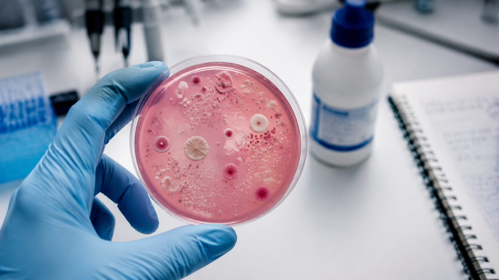 Gloved hand holding a petri dish with bacterial colonies, with a bleach bottle and lab notebook in the background.