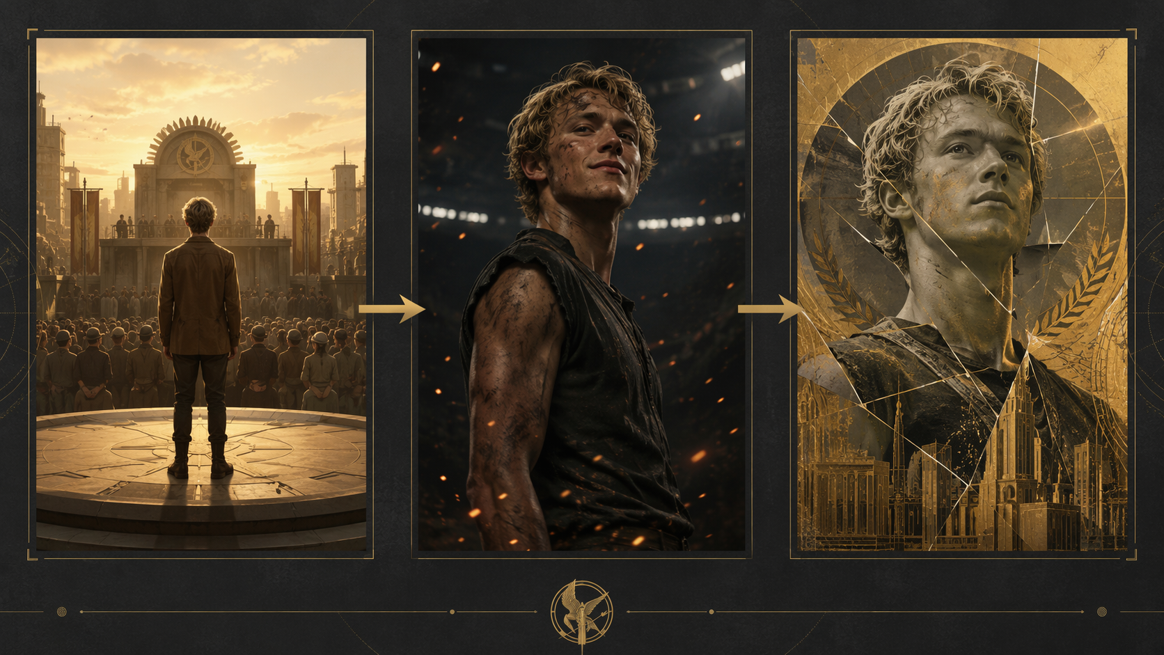 Three-panel transformation from golden reaping scene to defiant arena figure to fractured propaganda poster