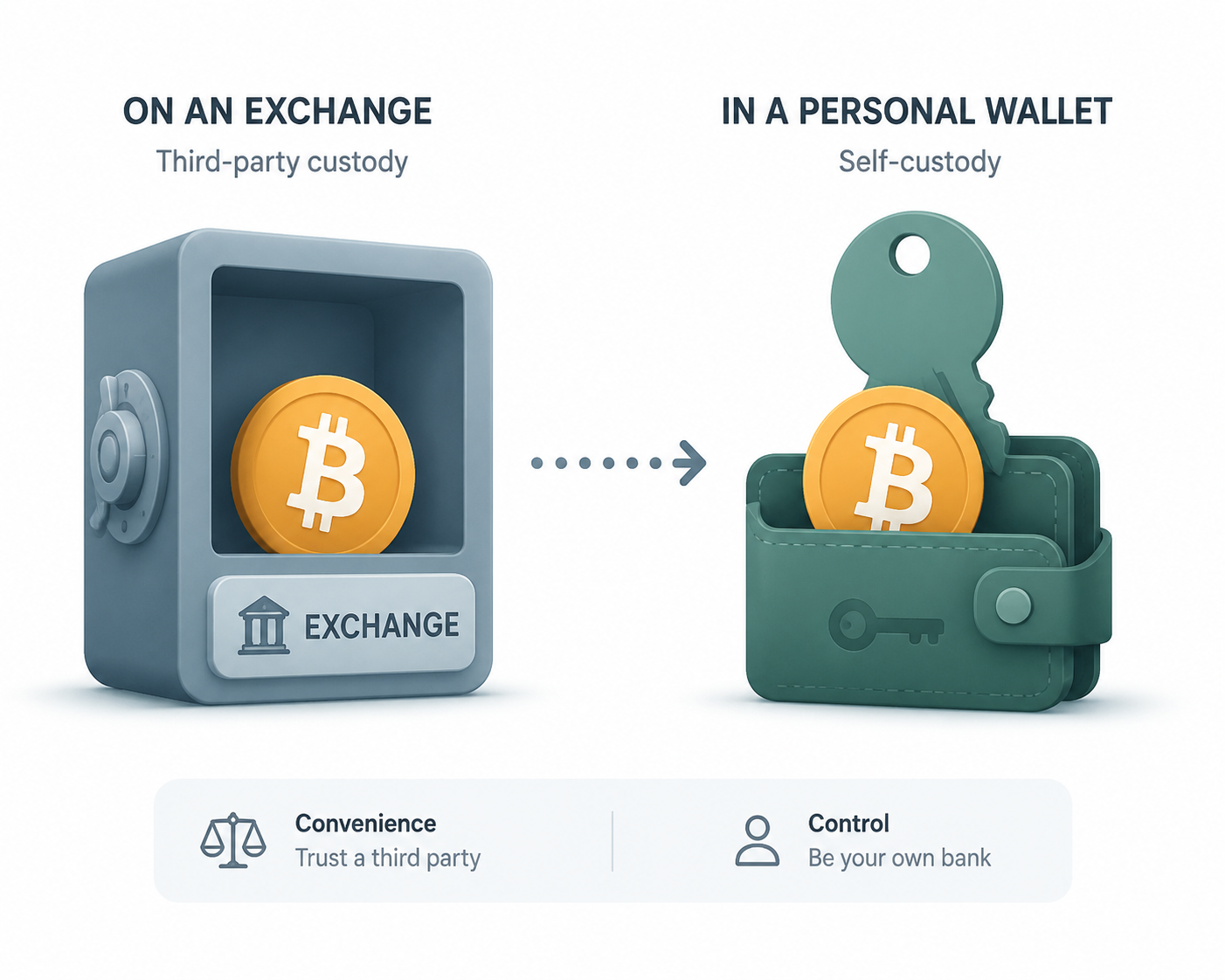 An illustration comparing Bitcoin held on an exchange with Bitcoin kept in a personal wallet