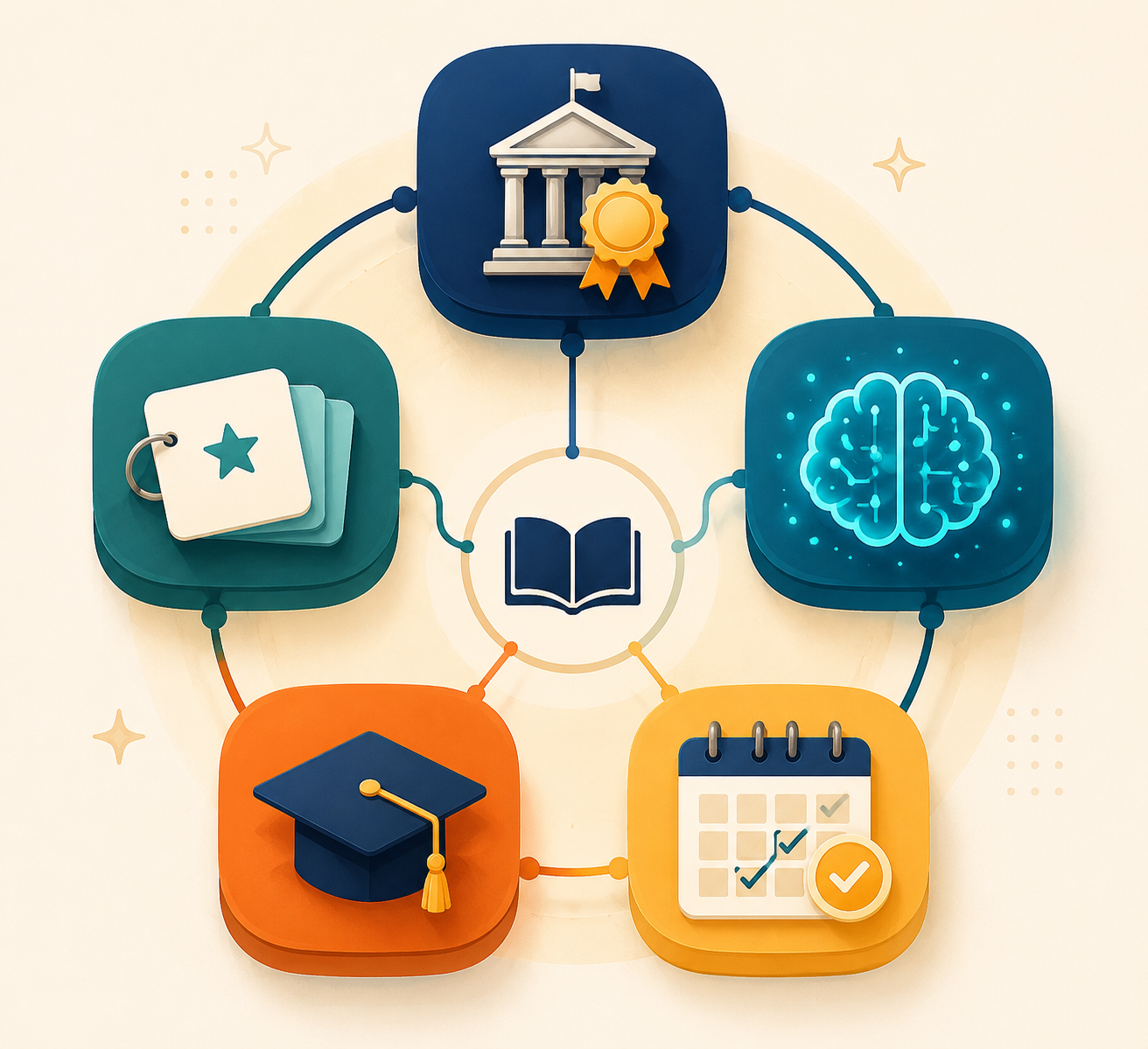 Five connected modules representing official SAT tools, flashcards, AI platforms, premium courses, and study planners