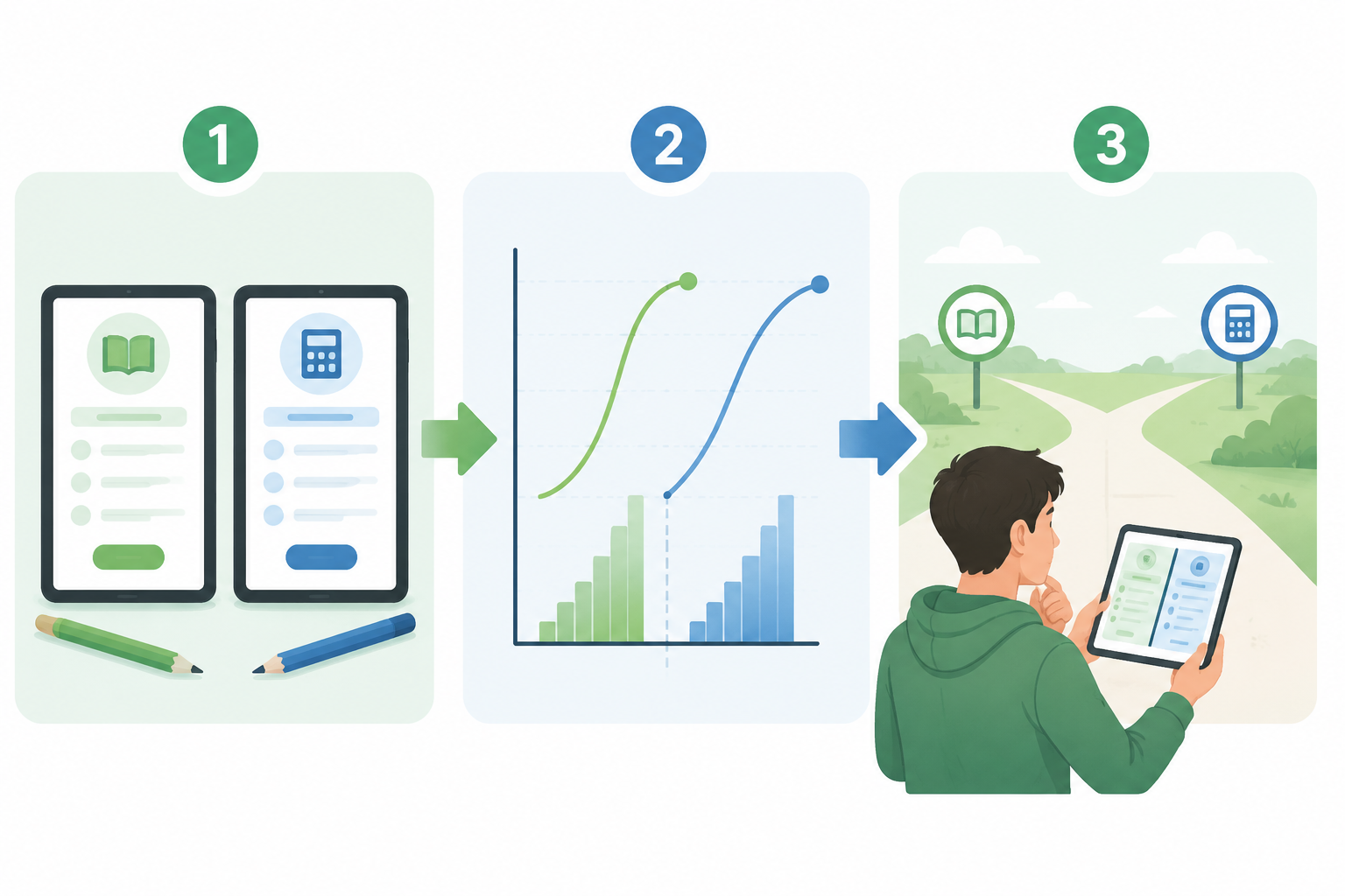 Three-step workflow showing SAT and ACT practice tests, percentile comparison, and a final test-prep decision checkpoint