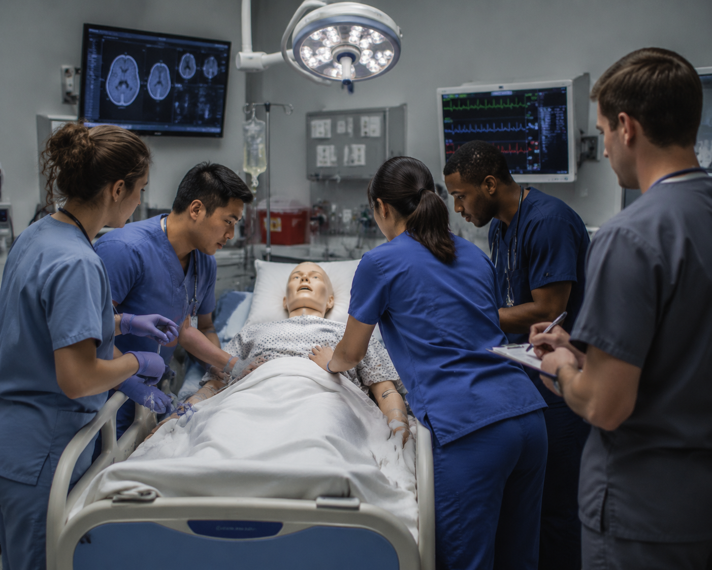Trainees practicing an acute stroke scenario in a simulation lab