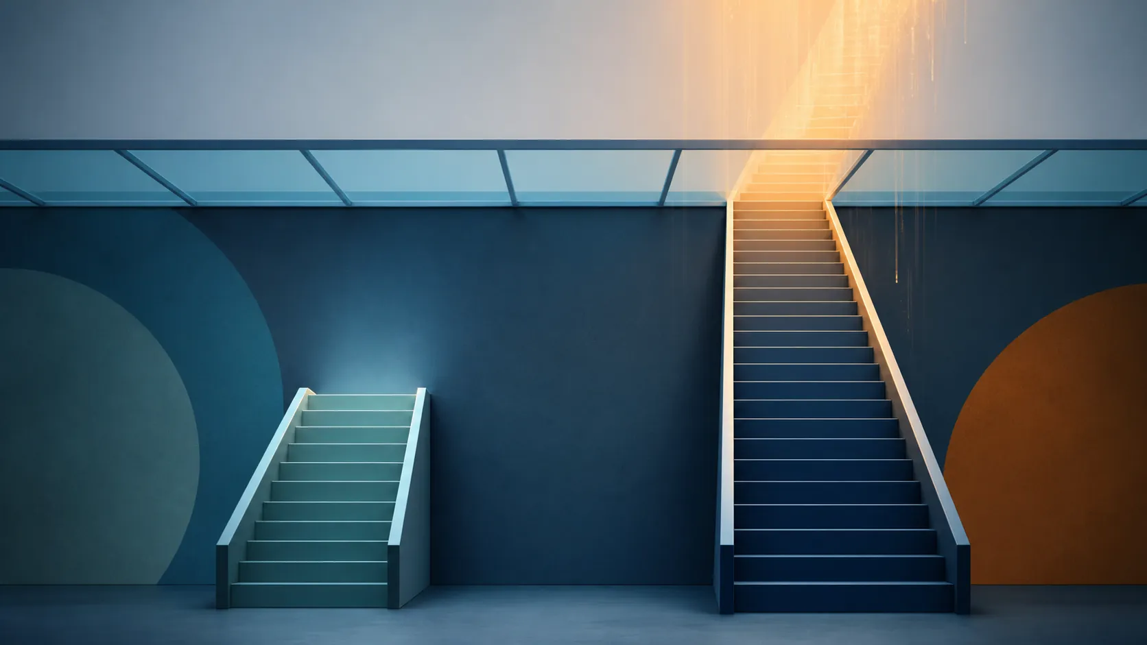 Two upward stairways rise side by side toward different glass ceiling lines, suggesting separate graduate and professional financing paths.
