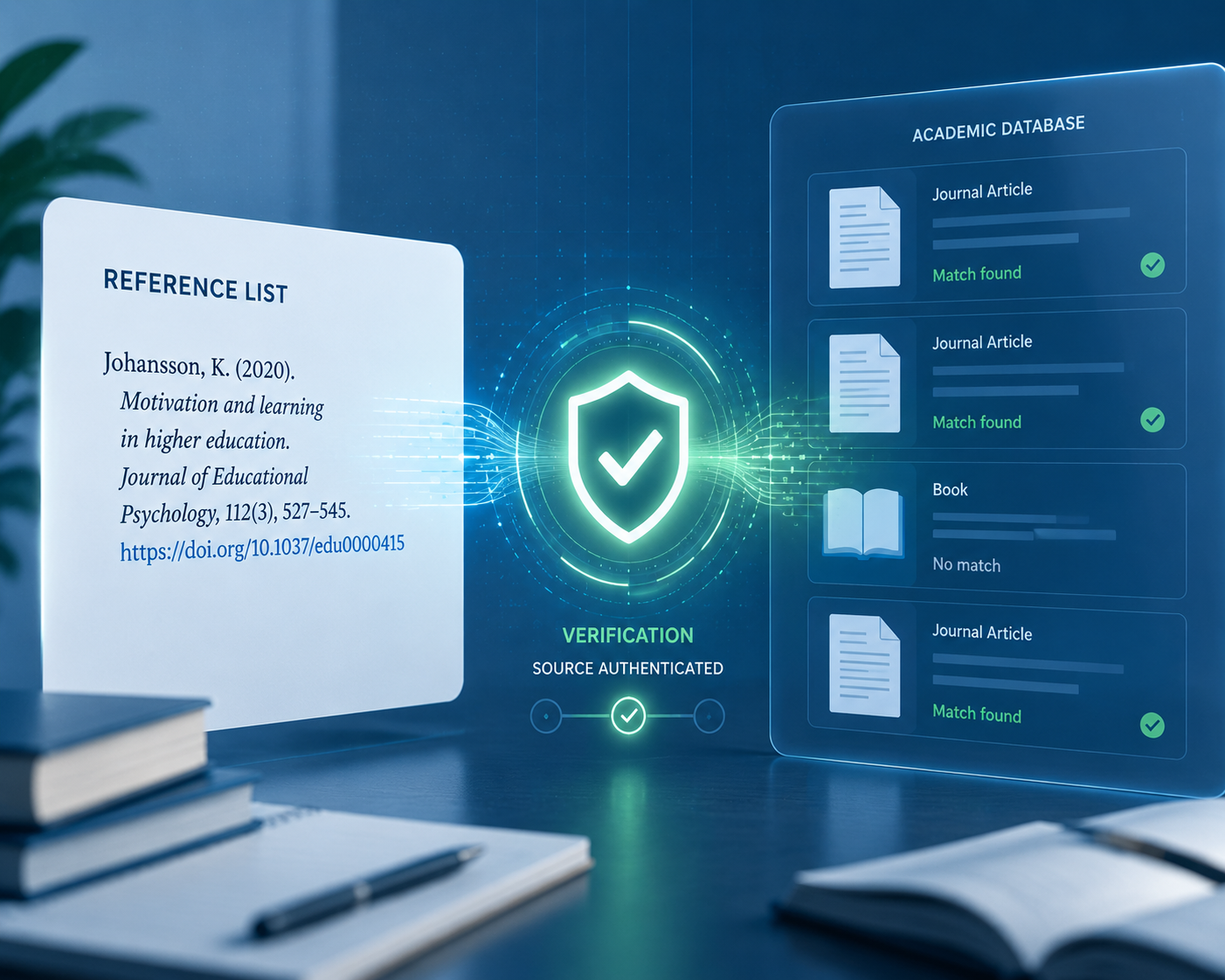 Formatted academic citation moving through a verification checkpoint toward database records