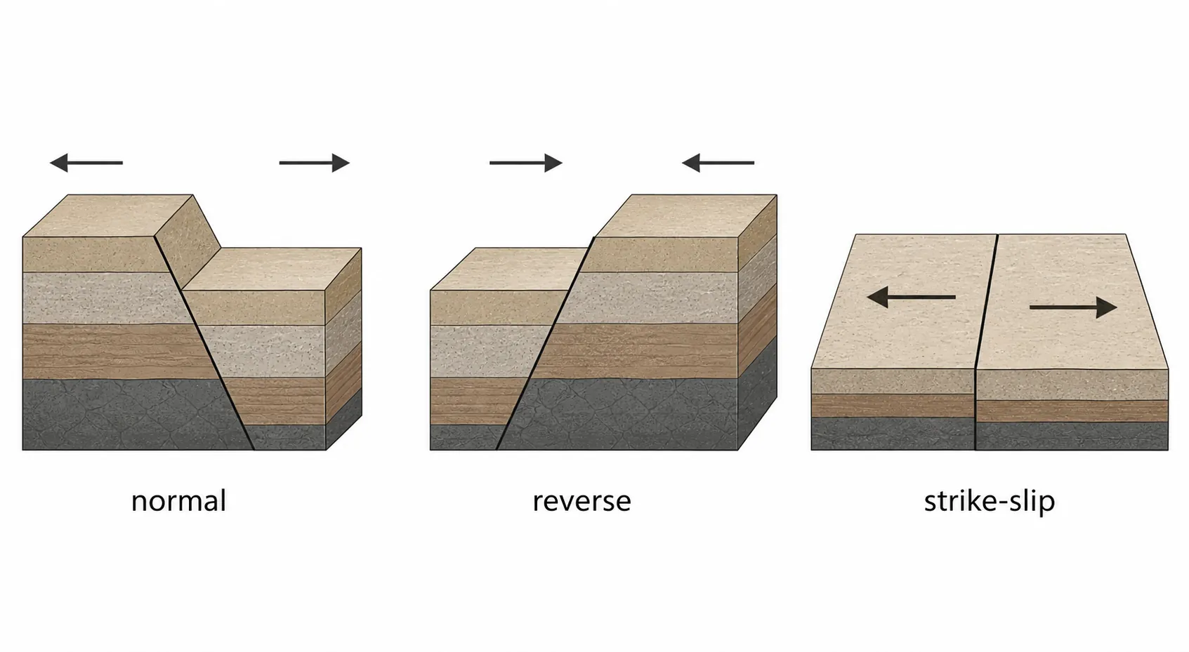 Educational diagram of normal, reverse, and strike-slip faults with arrows showing extension, compression, and shear