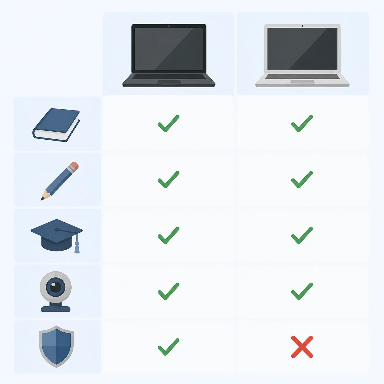 Comparison grid showing both laptops passing four exam checks, with only the CLEP row failing on the MacBook Air side