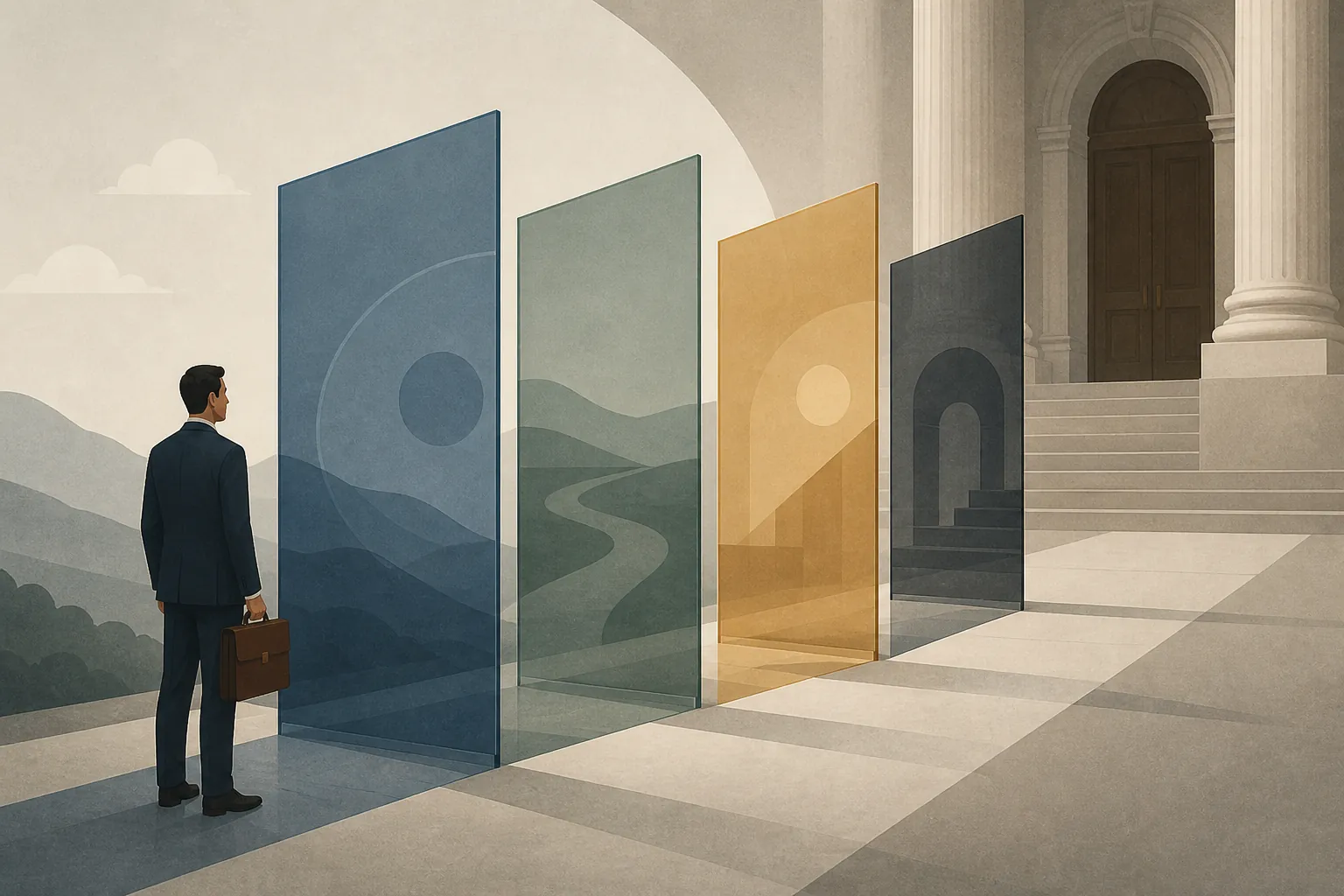 Lawyer standing before four translucent gate panels leading toward a courthouse door