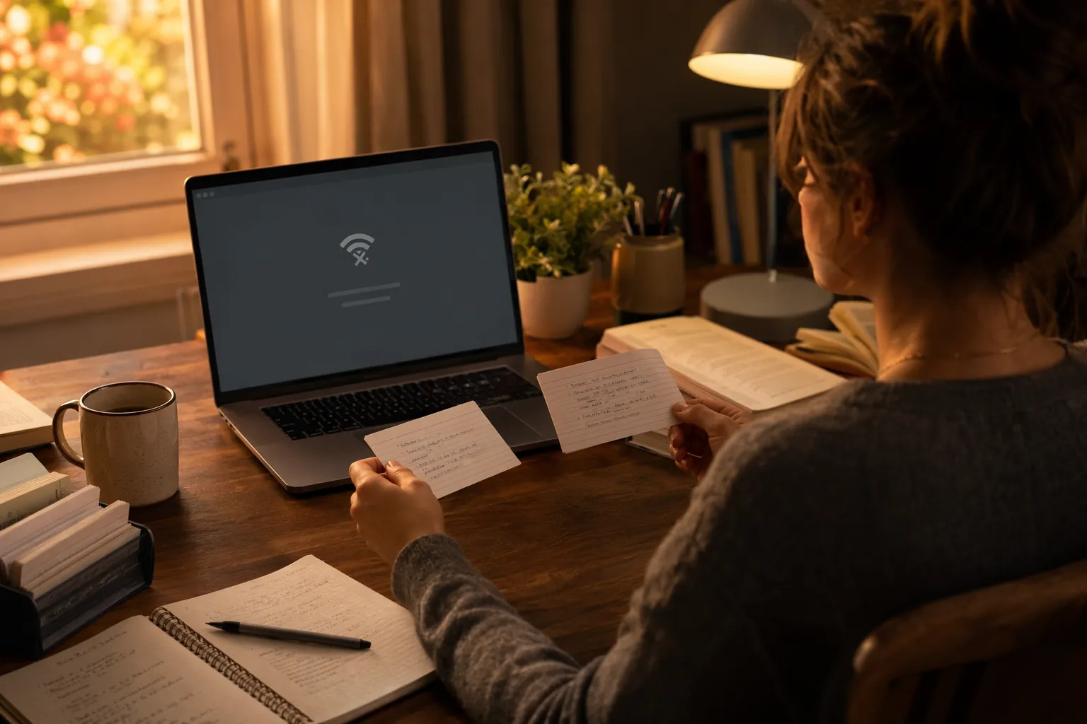 Student studying with physical flashcards beside a laptop showing an offline state