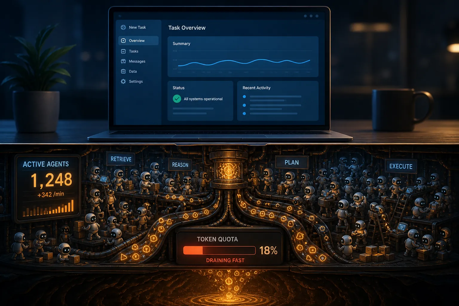 Conceptual cutaway showing hidden sub-agents multiplying and draining a quota meter beneath a calm AI interface