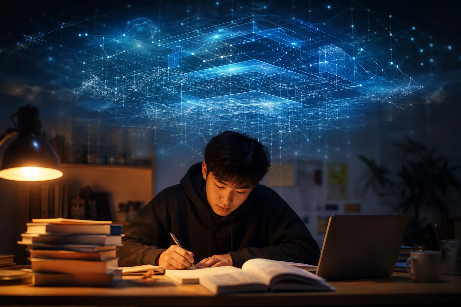 Student studying with books and a laptop while an abstract AI network hovers above the desk