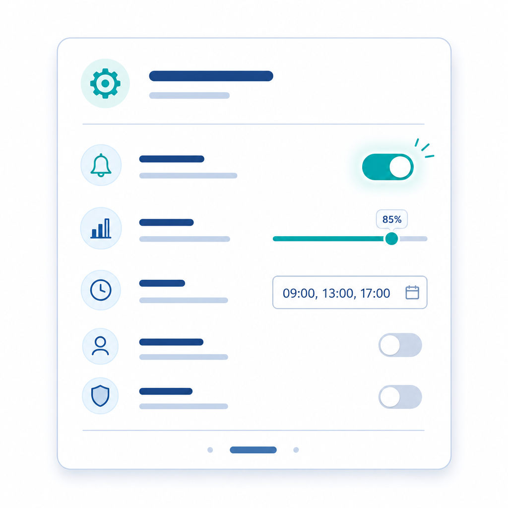 Minimal flat illustration of a settings panel with a teal toggle switch in the ON position, a slider, and an input field
