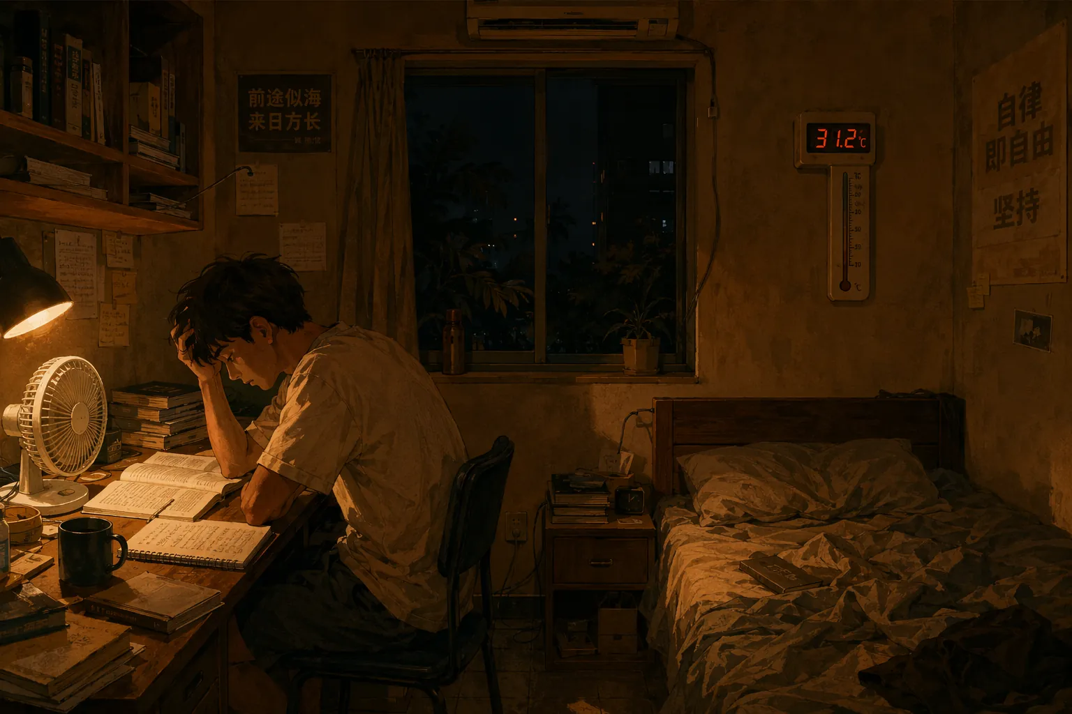 A fatigued student studying in a hot dorm room at night with a fan, an unmade bed, and a thermometer showing a warm temperature