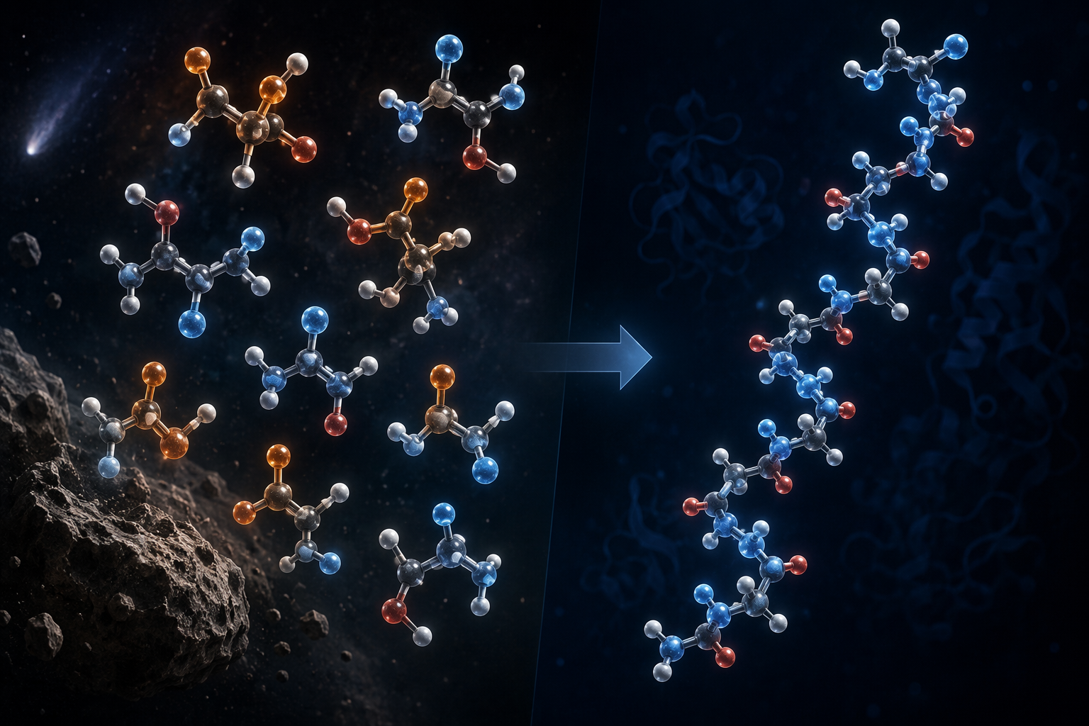 Molecular illustration of equal left-handed and right-handed amino acids transitioning to only left-handed molecules forming a protein chain