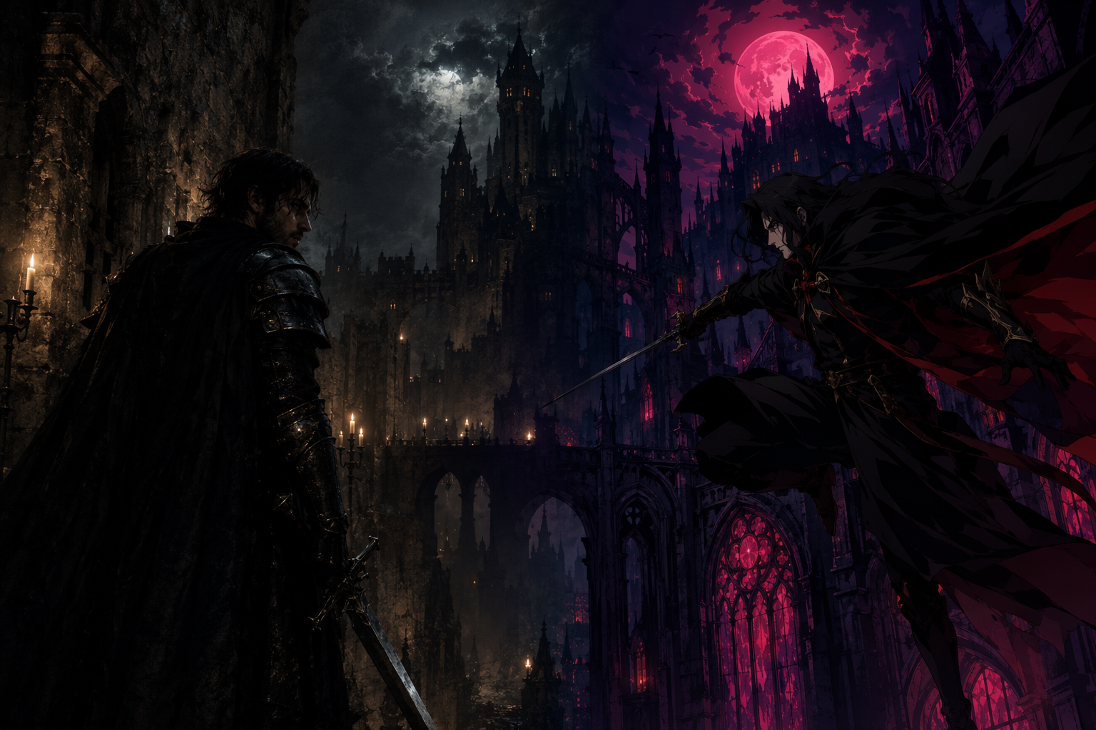 Comparison of live-action medieval gothic imagery and animated gothic action with castle architecture and dramatic lighting