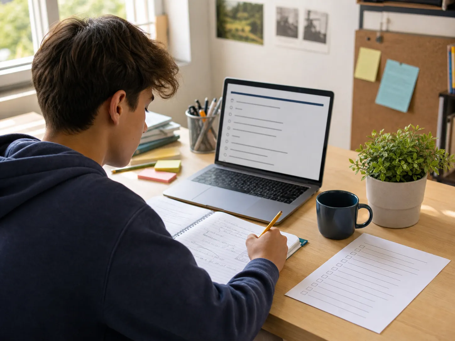 Student using a laptop practice test and printed form for free self-directed test prep