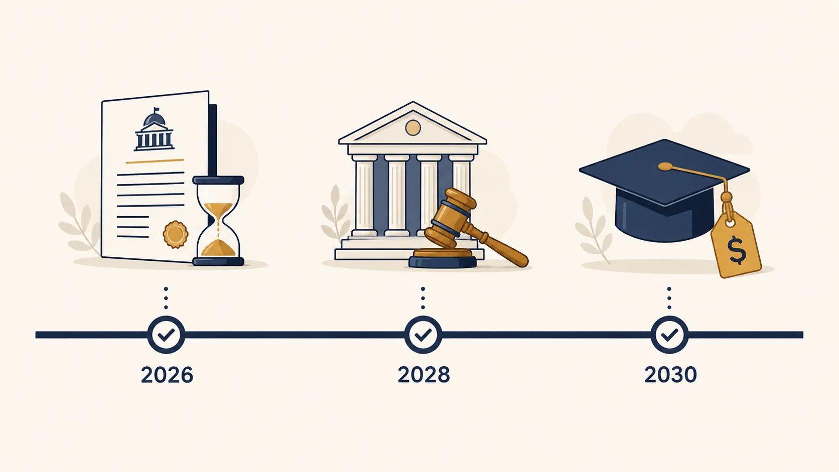 Timeline from 2026 to 2030 showing checkpoints for policy and cost monitoring