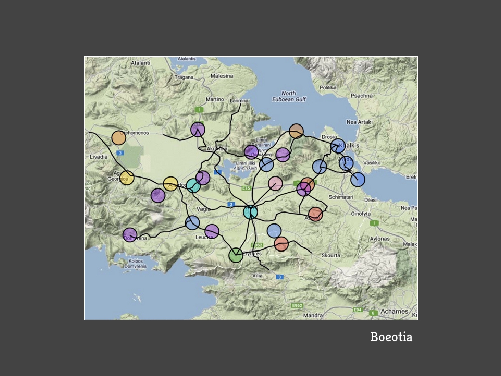 Digital map of ancient Greece showing labeled place names and colored route itineraries from Homer's Catalogue of Ships