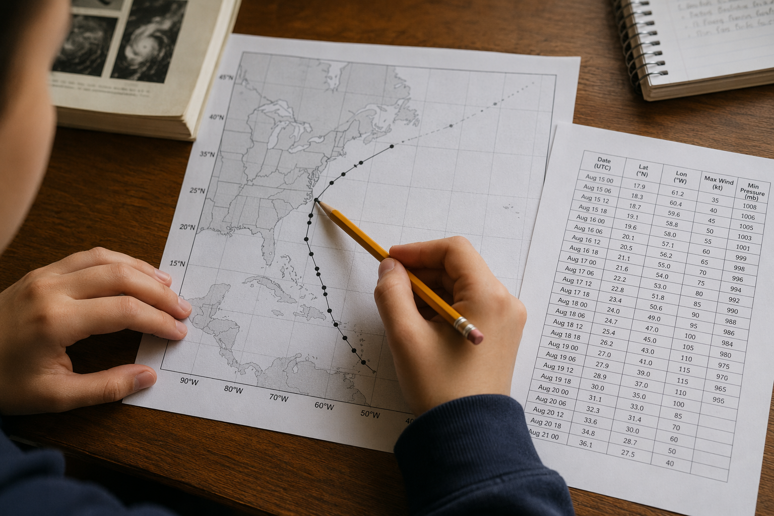 Student plotting storm positions on an Atlantic tracking chart beside a data table