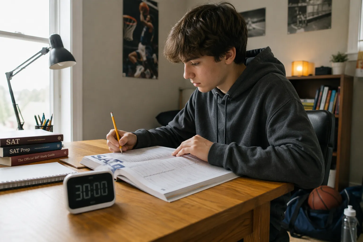 High school student-athlete studying from an SAT prep book beside a 30-minute timer and gym bag