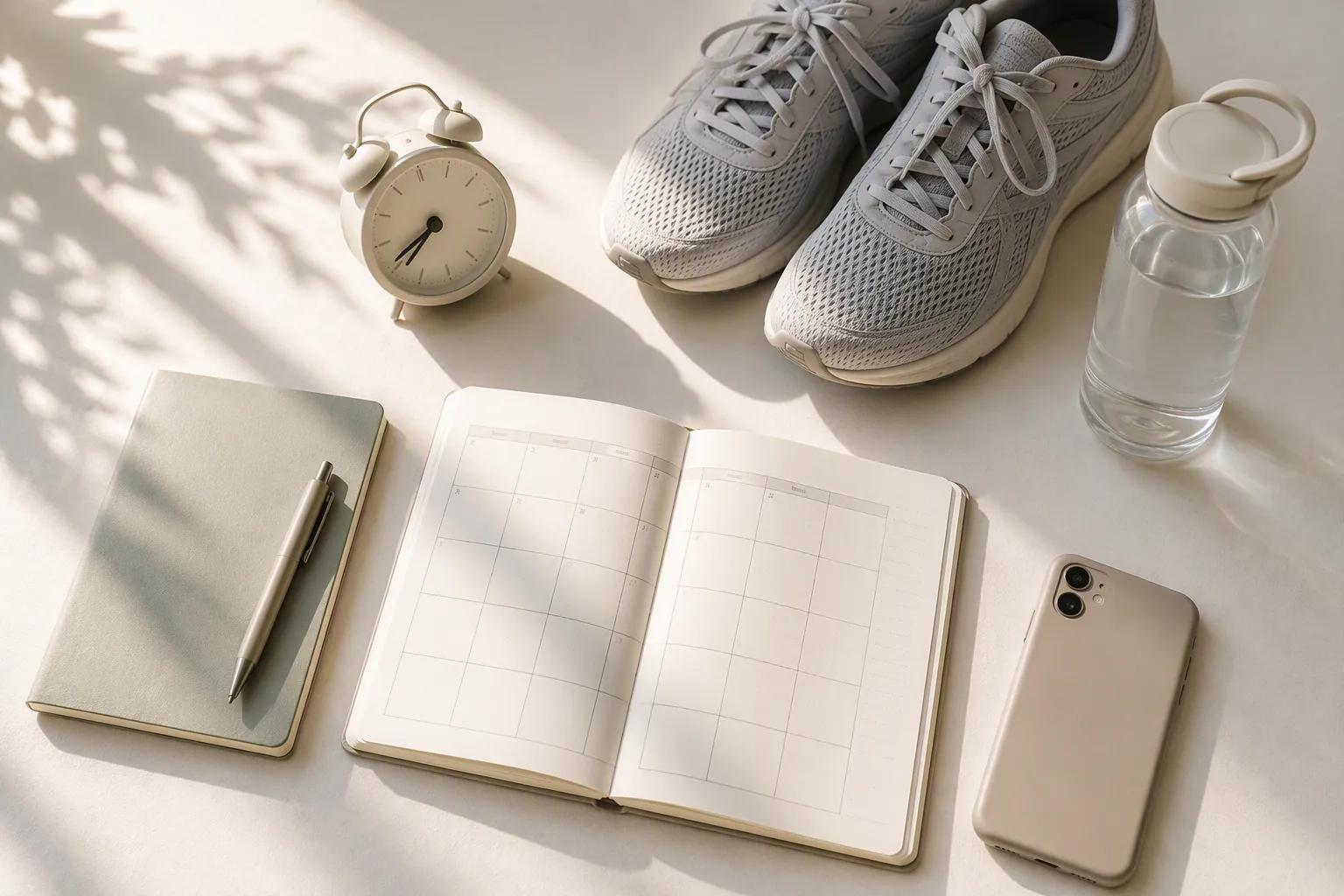 Budget student routine essentials with sunlight, running shoes, planner, notebook, and phone face-down