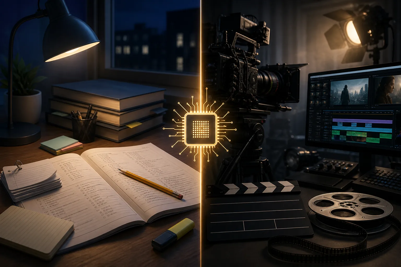 A split scene showing a student study desk on one side and a video production setup on the other, with an AI chip between them