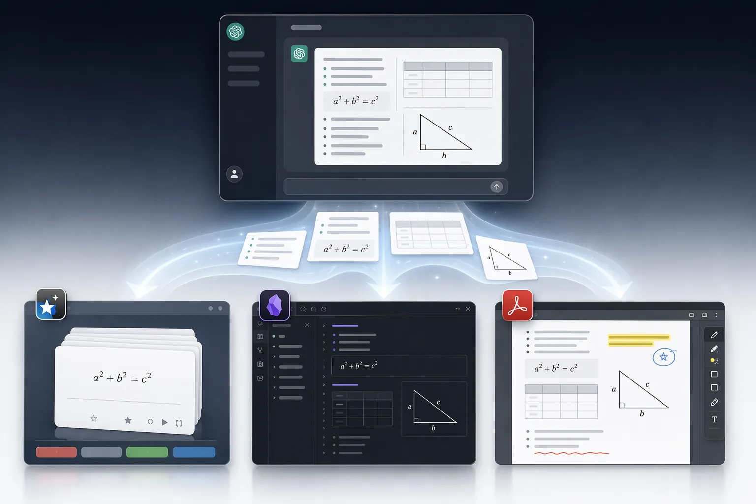 Structured ChatGPT study notes moving from a chat interface into flashcards, Markdown notes, and a PDF reader