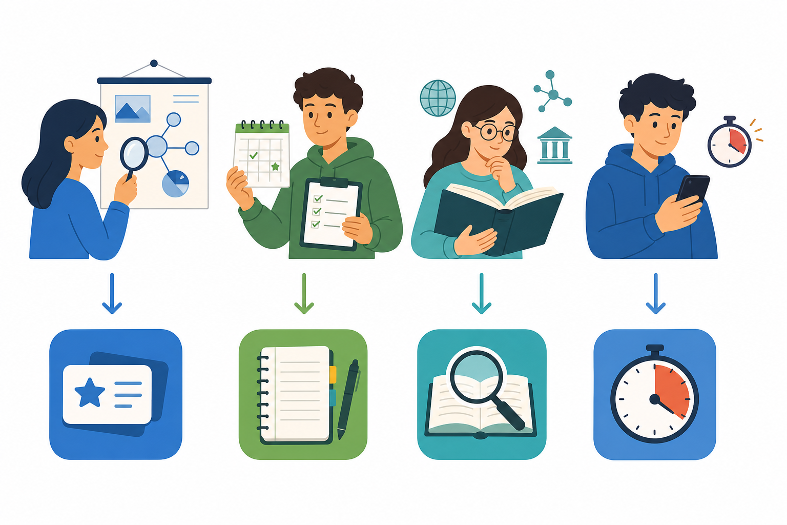 Four student figures representing visual learner, organized planner, deep researcher, and short-attention-span learner, with arrows pointing to matching app category icons.