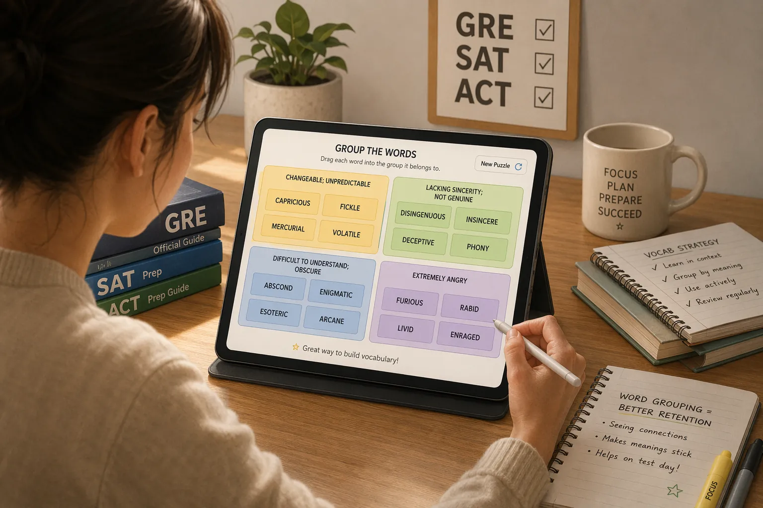 Completed color-coded Connections-style puzzle using GRE, SAT, and ACT vocabulary words