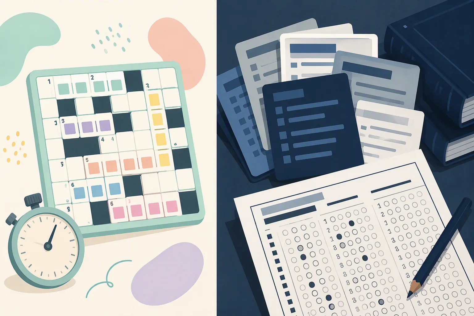Illustration contrasting a casual crossword and stopwatch with vocabulary flashcards and a practice exam answer sheet