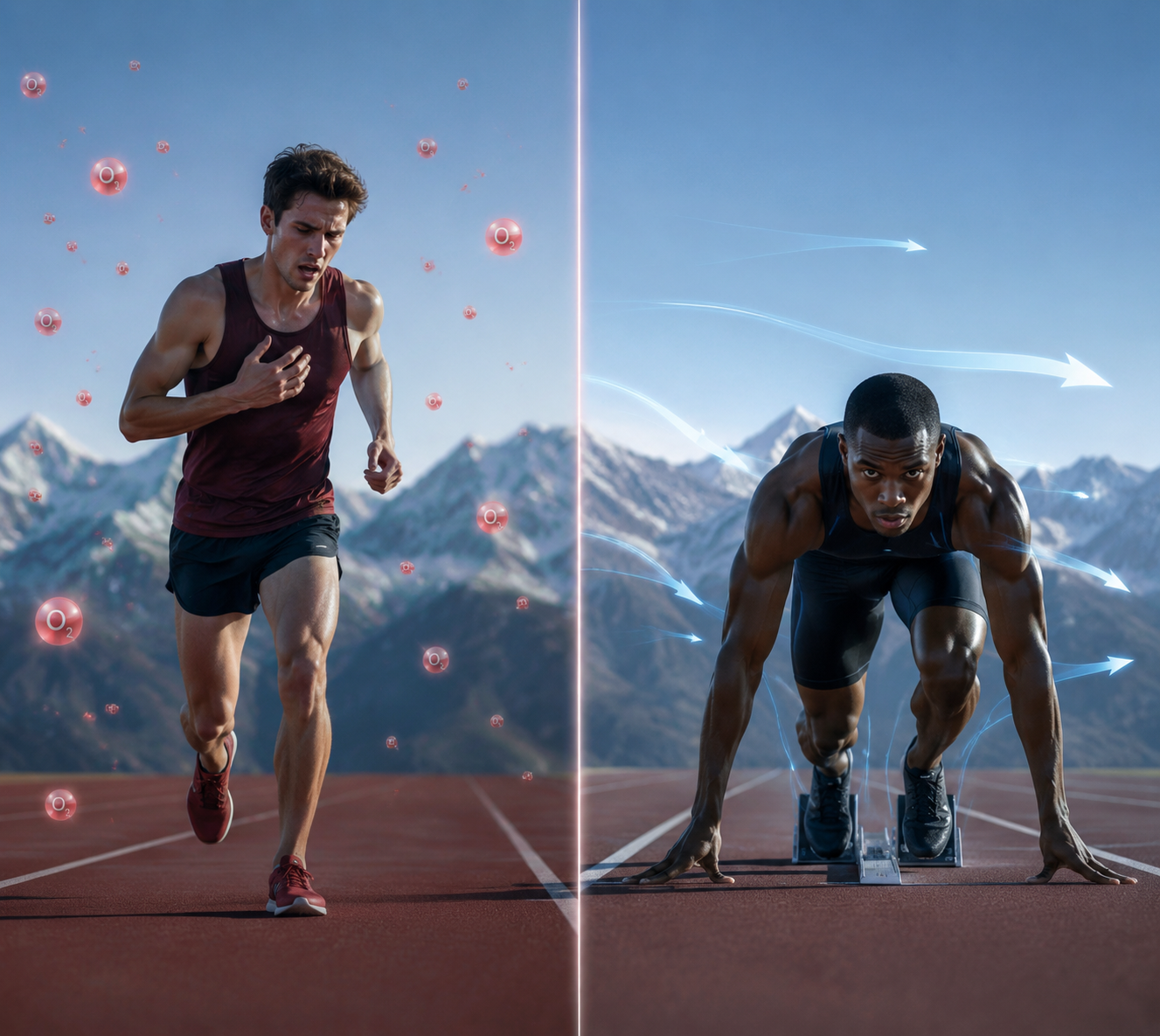 Split illustration showing a distance runner limited by sparse oxygen and a sprinter helped by reduced air resistance at altitude