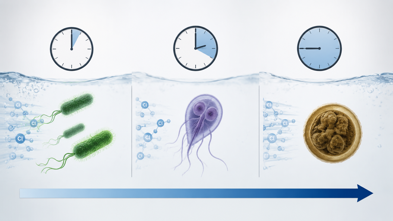 E. coli, Giardia, and Cryptosporidium icons paired with clocks showing increasing time requirements.