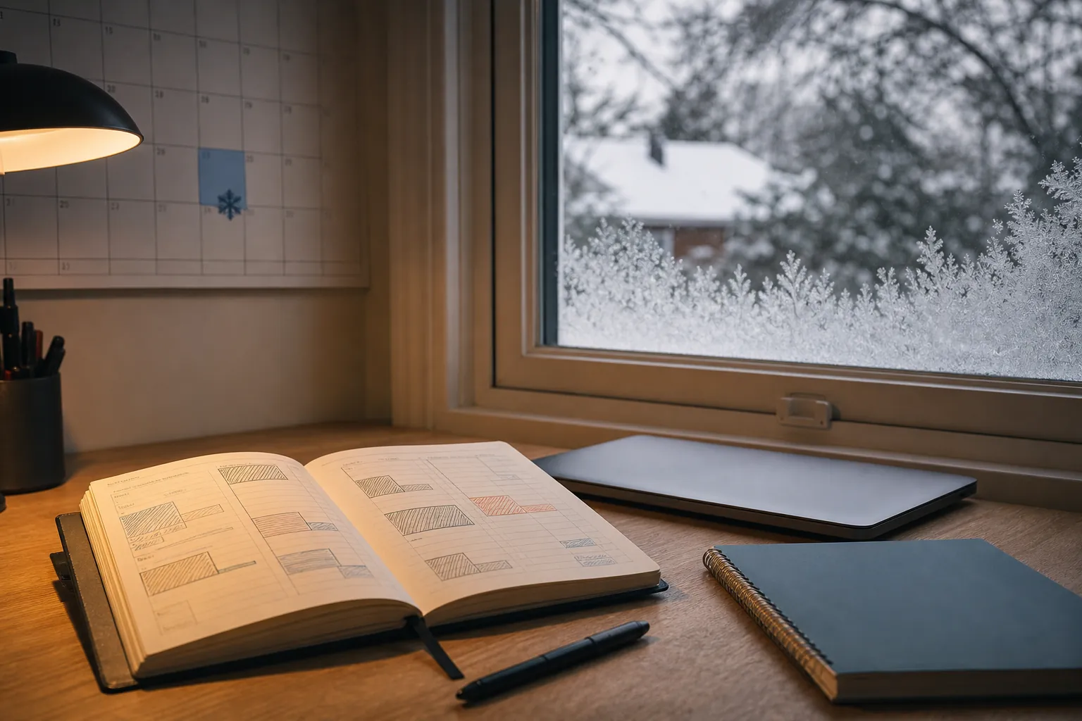 A study desk beside a snowy window with an open planner, schedule blocks, pen, closed laptop, and highlighted calendar day