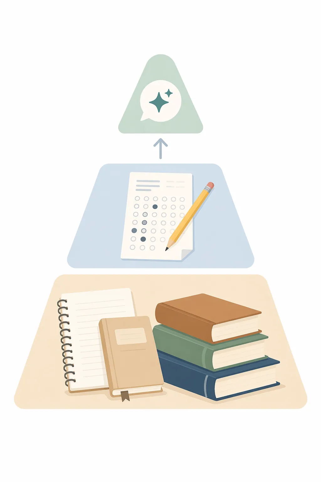 A three-layer study workflow with textbooks and notebooks as the foundation, independent practice in the middle, and a small chat icon as a supplement