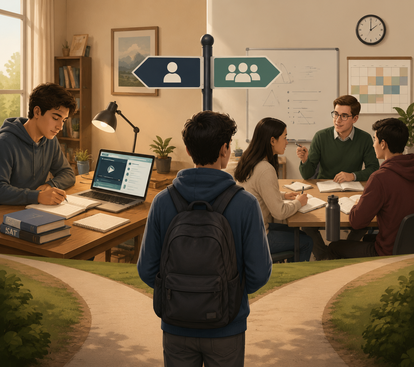 Student choosing between independent SAT self-study and paid tutoring support